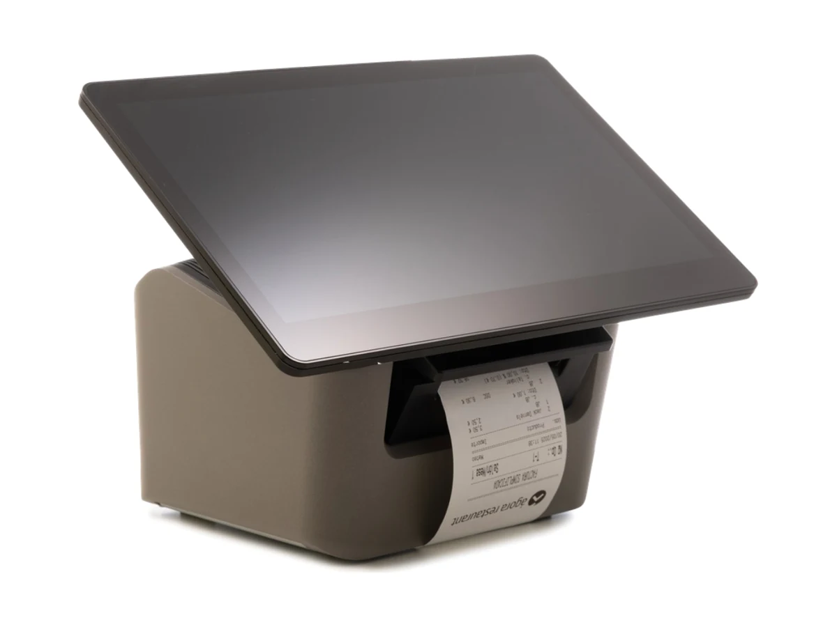 TPV Ágora X200 con la impresora de tickets integrada en la base, sacando un ticket